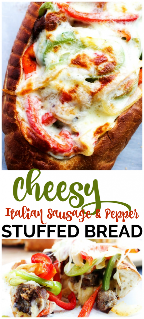 Cheesy Italian Sausage & Pepper Stuffed Bread is a twist the classic ball park sandwich, made into a fantastically easy meal. Cheesy Italian Sausage & Pepper Stuffed Bread