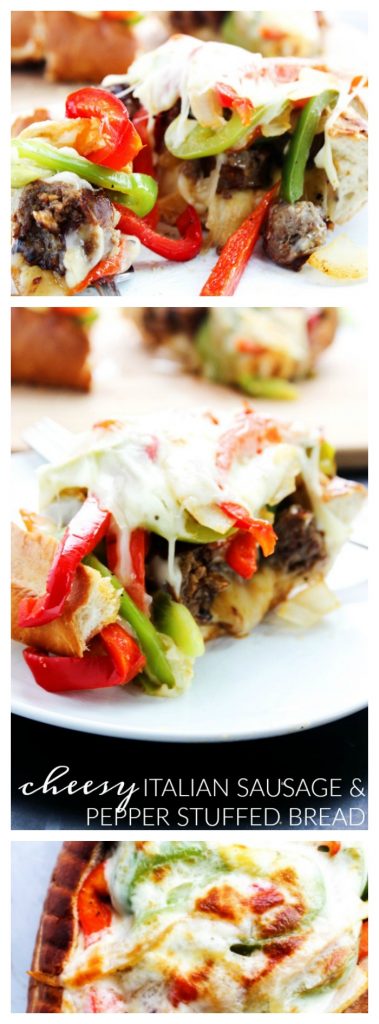 Cheesy Italian Sausage & Pepper Stuffed Bread is a twist the classic ball park sandwich, made into a fantastically easy meal. sausage-pepper-stuffed-bread-long-pin