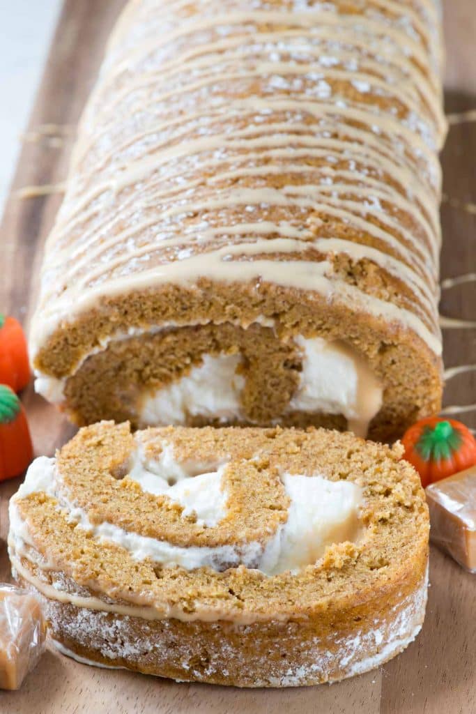 Caramel Pumpkin Cake Roll cream cheese whipped cream filling caramel drizzle