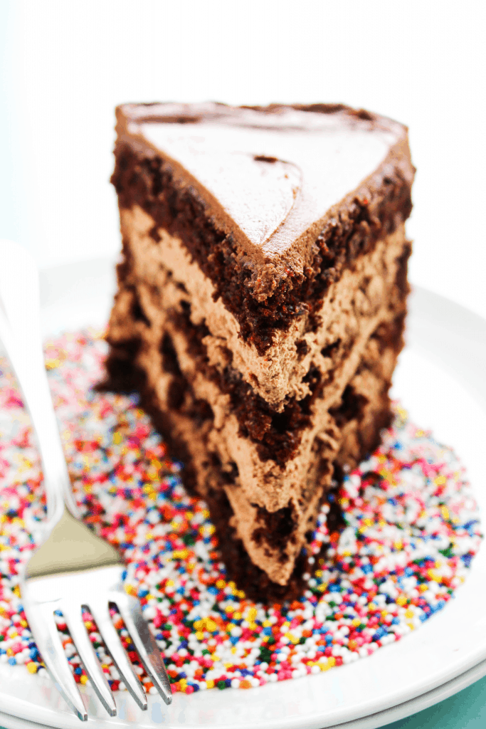 slice of chocolate cake on a plate filled with rainbow sprinkles
