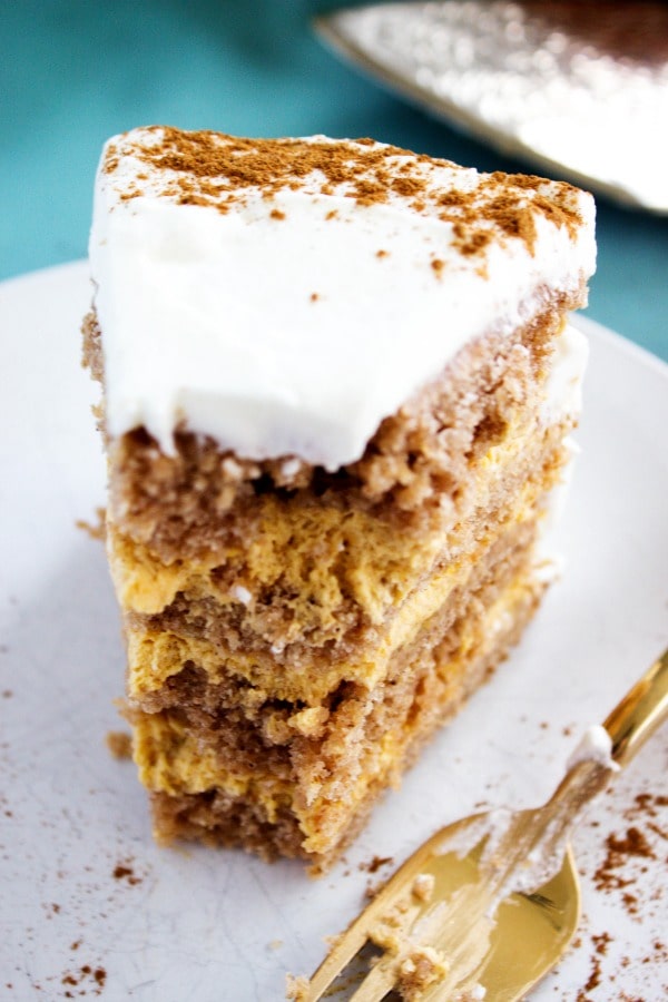 Pumpkin Spice Mousse Cake - decadent layers of pumpkin spice cake and a simple pumpkin mousse filling. A perfect fall dessert, and a Thanksgiving must have. Pumpkin Spice Mousse Cake - decadent layers of pumpkin spice cake and a simple pumpkin mousse filling. A perfect fall dessert, and a Thanksgiving must have. pumpkin-spice-mousse-cake-bite