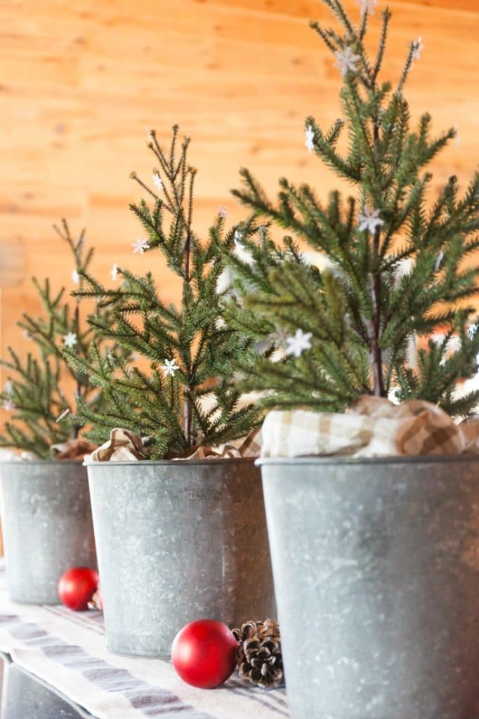 KITCHEN CHRISTMAS TREES IN GALVANIZED BUCKETS