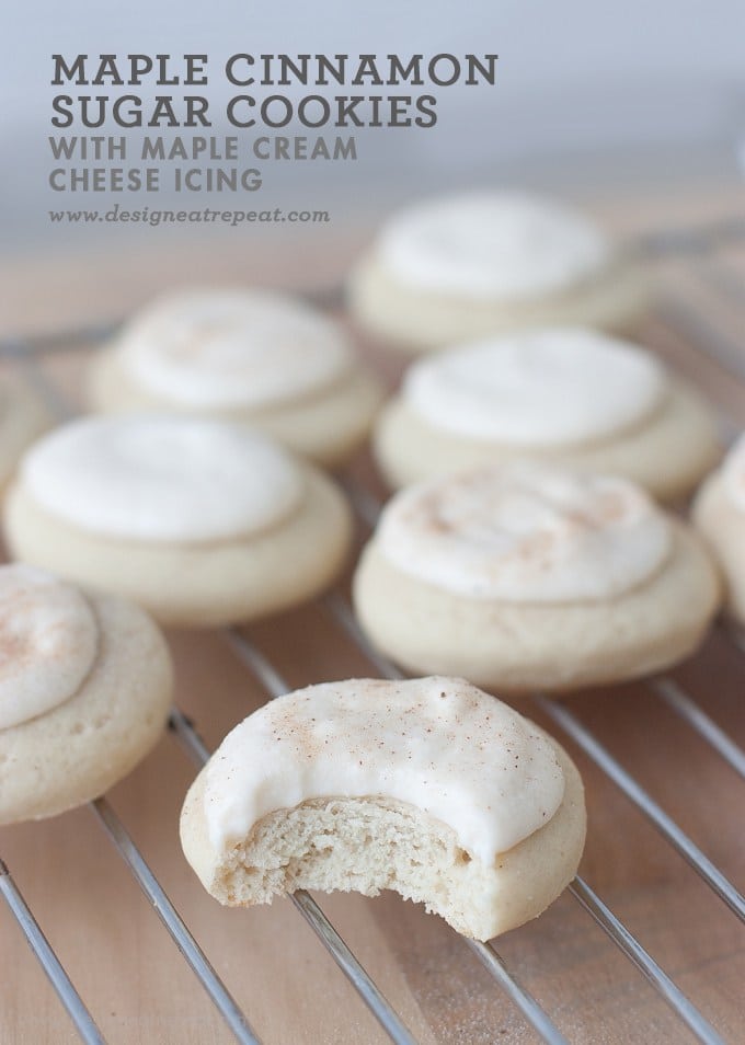 Soft sugar cookies with maple cinnamon cream cheese icing dusted with cinnamon