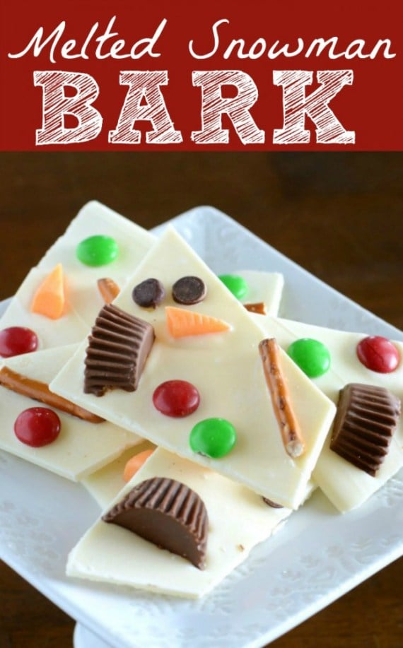 Melted Snowman Bark reeses, pretzels, m&m candy, chocolate chips