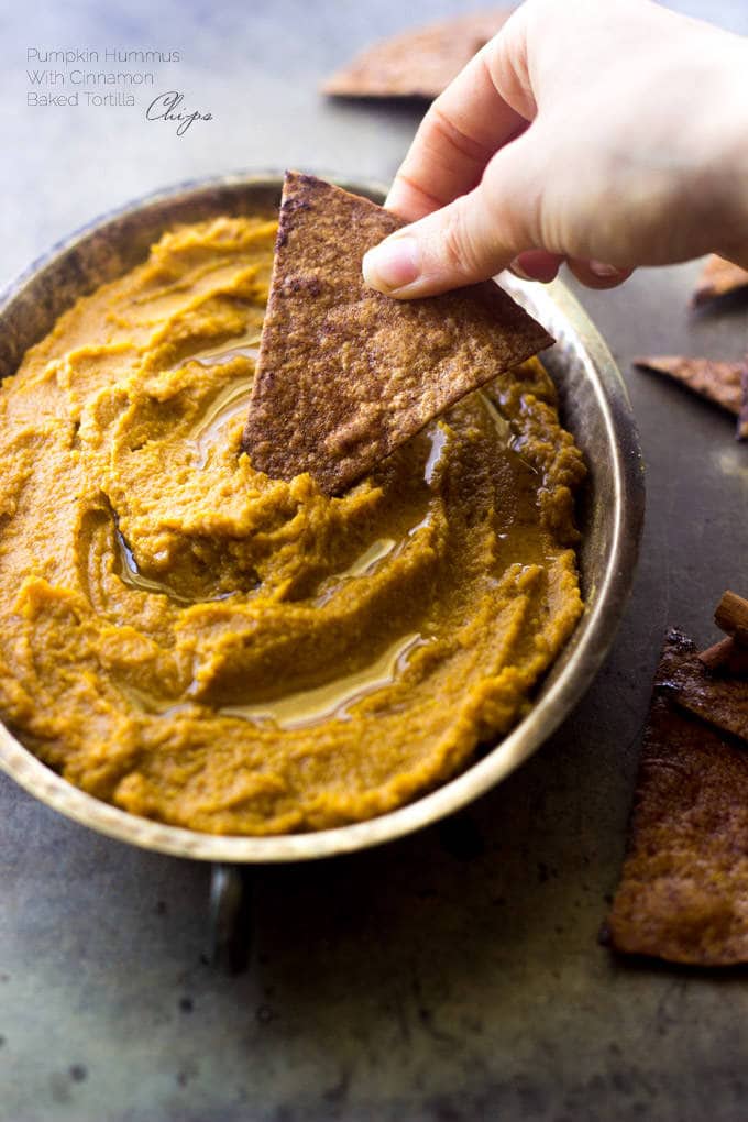 Pumpkin Hummus dip with cinnamon baked tortilla chips