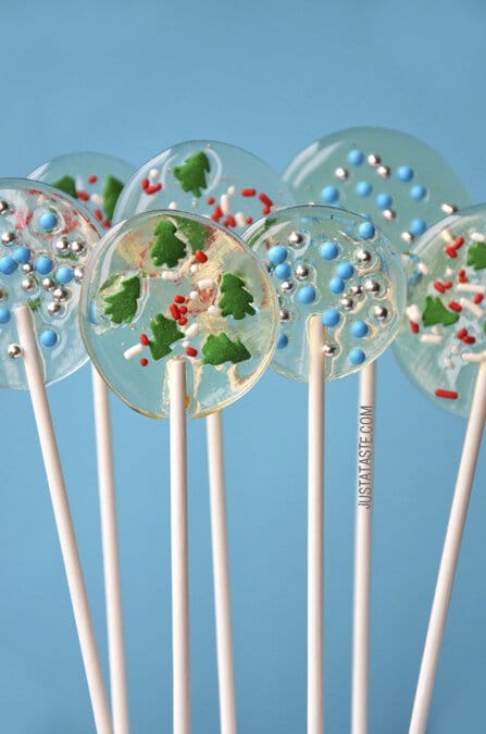 Easy Homemade Candy Lollipops with christmas tree sprinkles