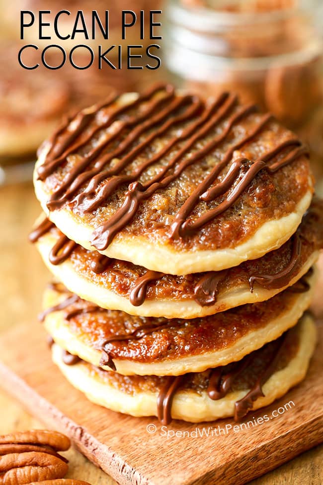 Pecan Pie Cookies with chocolate drizzle pie crust caramel pecan filling