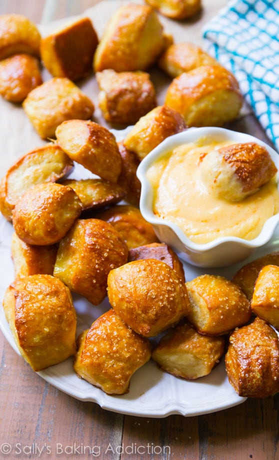 Soft Pretzel Bites appetizer with spicy nacho cheese sauce dip 