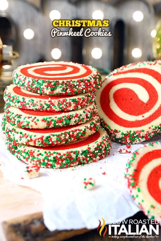 Christmas Pinwheel Cookies red and white swirl cookies rolled in green red white sprinkles