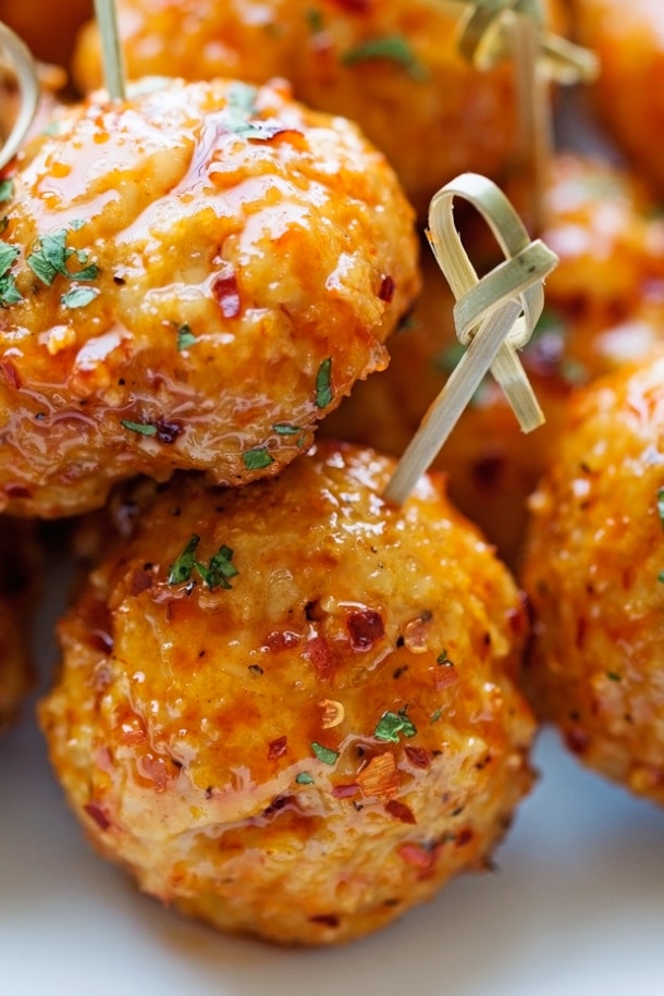 Firecracker Chicken Meatballs spicy meatballs with skewers