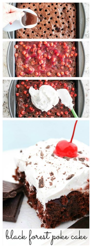 step by step photos of topping Black Forest Poke Cake