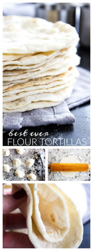 stack of Flour Tortillas, balls of dough measured out, dough being rolled out on countertop. Flour Tortilla folded
