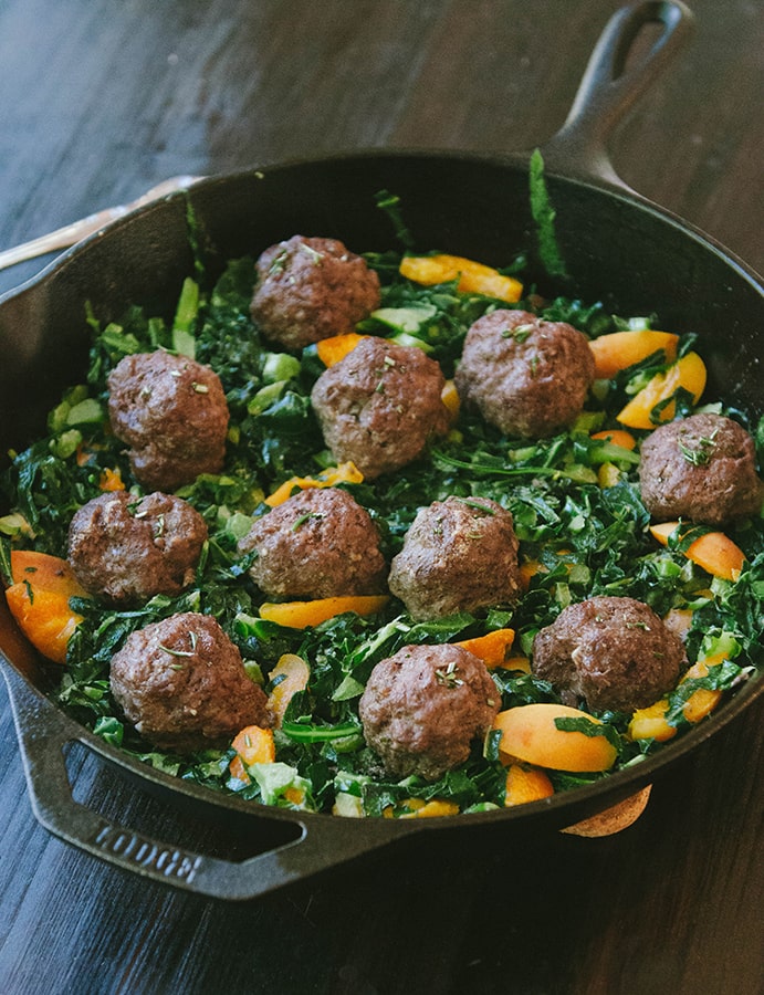 ROSEMARY MEATBALLS WITH DIJON COLLARD GREENS & APRICOTS.