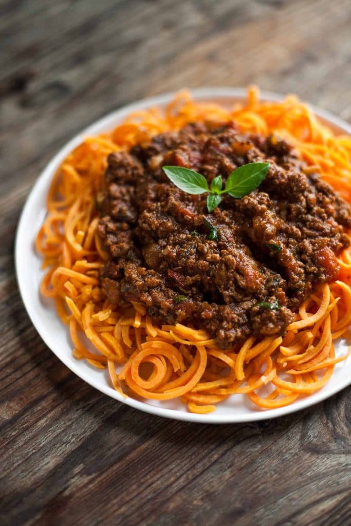 SLOW-COOKED BOLOGNESE SAUCE WITH SWEET POTATO SPAGHETTI.