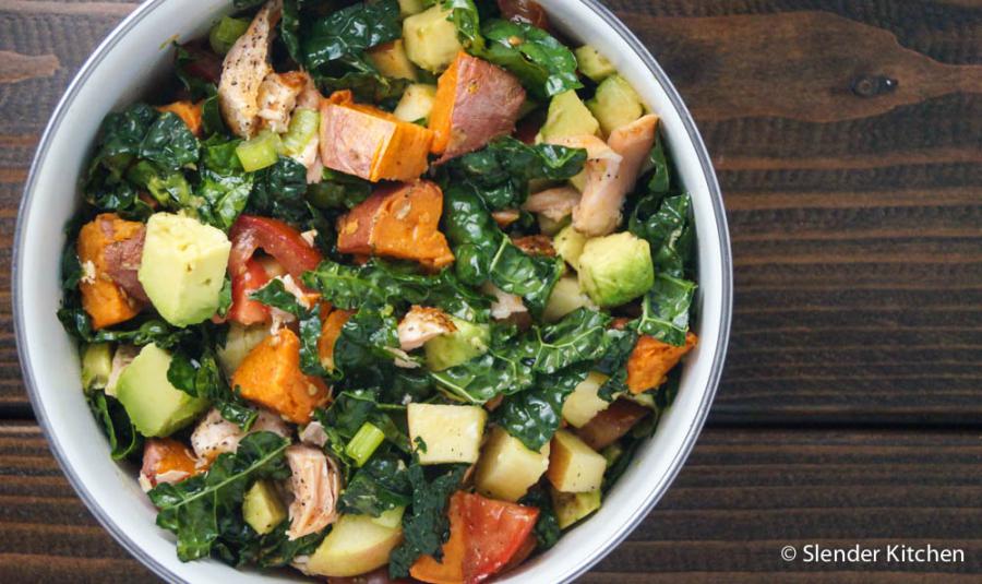 SALMON, SWEET POTATO & AVOCADO KALE SALAD.