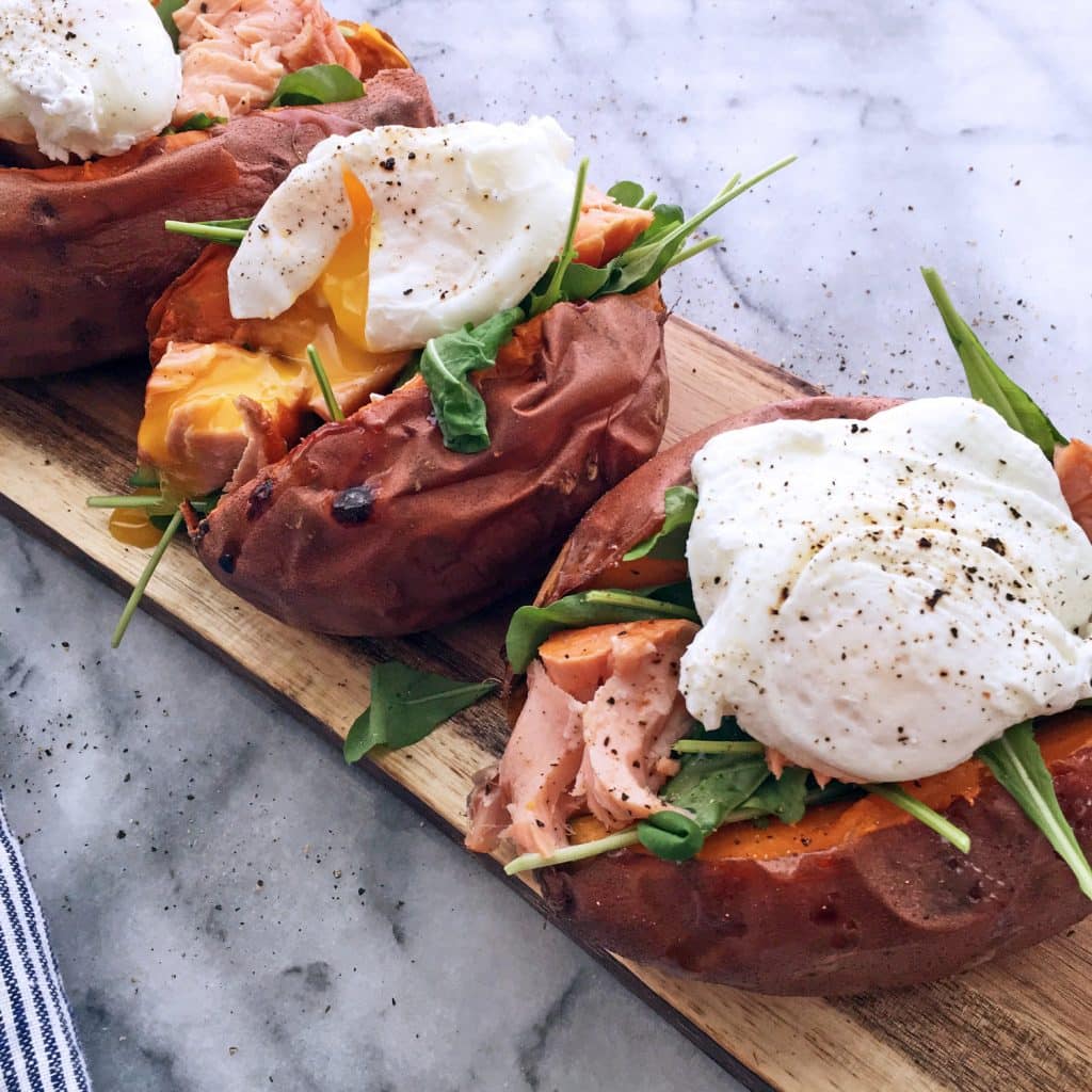 BAKED SWEET POTATO WITH ARUGULA, SMOKED SALMON AND POACHED EGGS