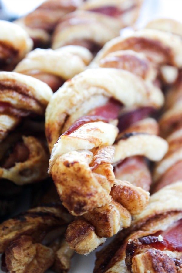 close up of a stack of Crispy Bacon Cinnamon Roll Twists
