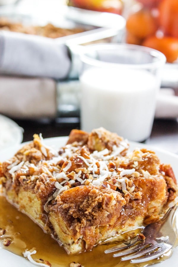 slice of overnight french toast casserole
