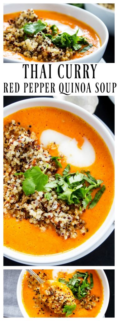 Thai Curry Red Pepper Quinoa Soup is an easy 30-minute meal made with red curry, coconut milk and quinoa. Skip take-out and make this healthy twist instead. thai-curry-red-pepper-quinoa-soup-long-pin