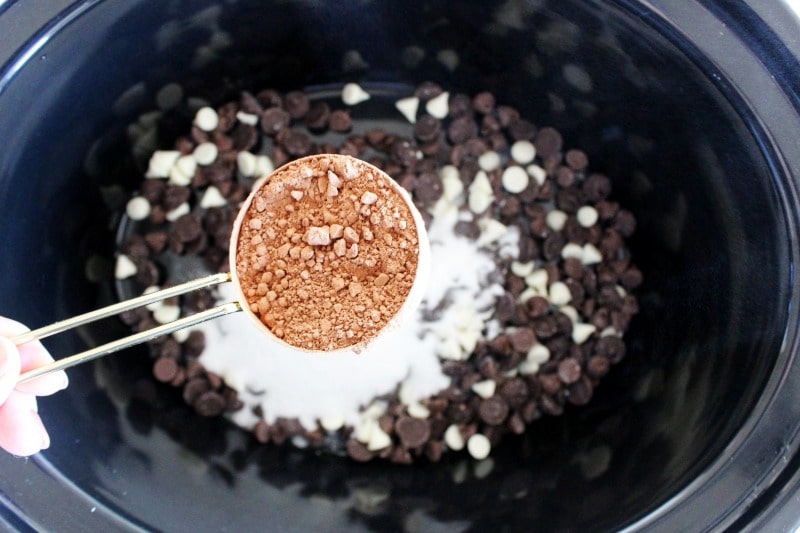 Slow Cooker Triple Chocolate Hot Cocoa is a rich, decadent hot cocoa made at the ease of your slow cooker. Chocolate lovers will be swooning over this one. ingredients for slow cooker hot chocolate in crock pot