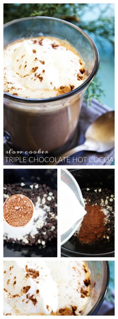 Slow Cooker Triple Chocolate Hot Cocoa is a rich, decadent hot cocoa made at the ease of your slow cooker. Chocolate lovers will be swooning over this one. triple-chocolate-hot-cocoa-long-pin