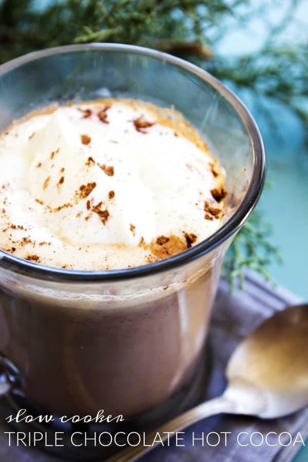 Slow Cooker Triple Chocolate Hot Cocoa is a rich, decadent hot cocoa made at the ease of your slow cooker. Chocolate lovers will be swooning over this one. cup of hot chocolate with recipe title