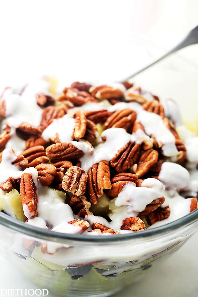 pecans, lemon, yogurt, mixed fruit salad, glass bowl