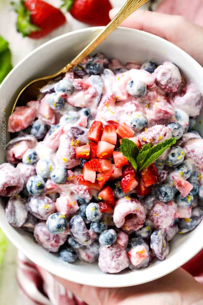 Berry salad with honey mascarpone dressing