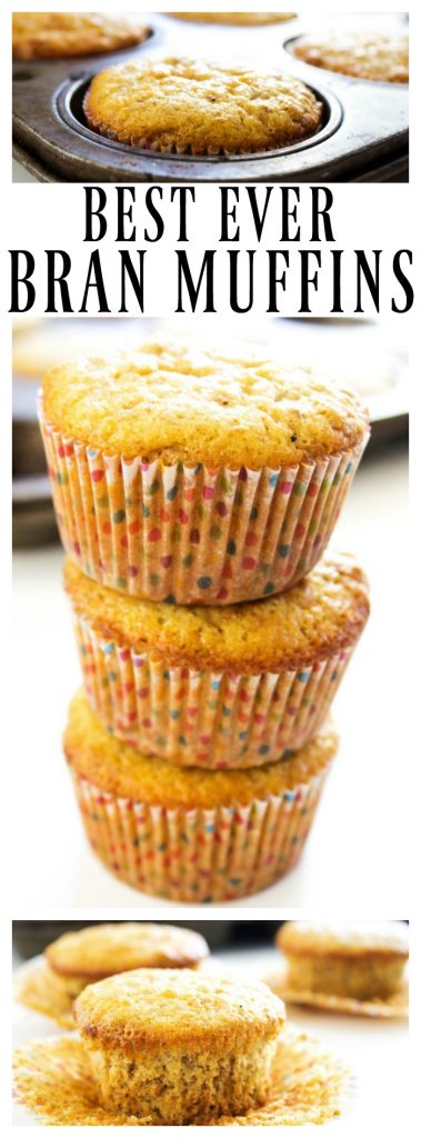 top photo: Best Ever Bran Muffins in pan. middle text:Best Ever Bran Muffins. middle photo: stack of Best Ever Bran Muffins. bottom photo: unwrapped muffins on counter