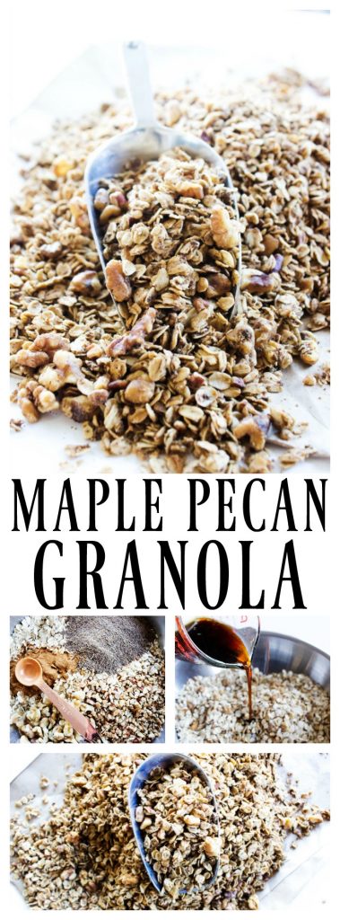 maple-pecan-granola-long-pin Maple Pecan Granola is a healthier granola option, great as a snack or topping on yogurt. It will quickly become a family favorite.