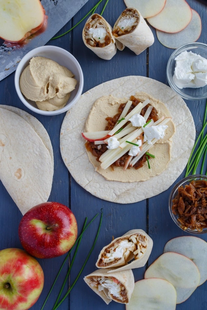 Caramelized Onion Apple Wraps with Hummus