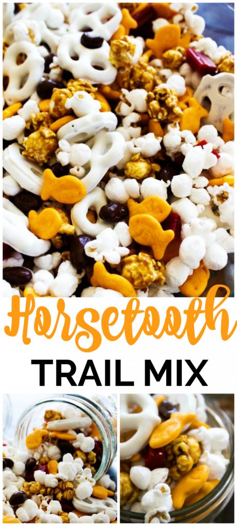 Horsetooth Trail Mix is an easy snack that you can mix together in just a few minutes. Perfect for playing a game with the kids or hiking with the family. photos of Horsetooth Trail Mix in glass bowl and mason jars. popcorn, goldfish, yogurt pretzels, caramel corn, licorice pieces and chocolate covered raisins
