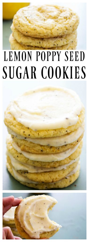 top photo: stack of unfrosted Lemon Poppy Seed Sugar Cookies. middle text: Lemon Poppy Seed Sugar Cookies. middle photo: frosted stack of Lemon Poppy Seed Sugar Cookies. bottom photo: Lemon Poppy Seed Sugar Cookie with bite taken out