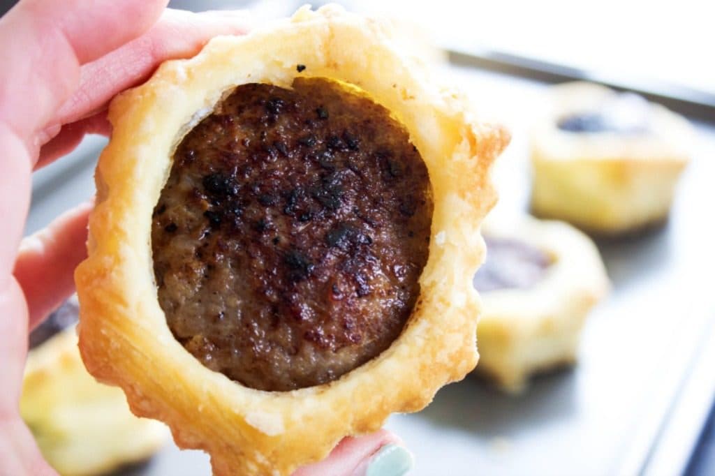 SAUSAGE BREAKFAST POT PIE - Bite size piece, metal baking sheet 