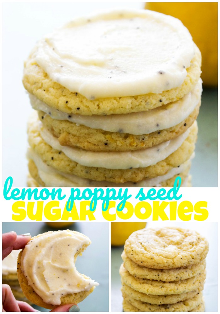 top photo: stack of frosted Lemon Poppy Seed Sugar Cookies. middle text: Lemon Poppy Seed Sugar Cookies. bottom left photo: Lemon Poppy Seed Sugar Cookie with bite taken out. bottom right: stack of non frosted Lemon Poppy Seed Sugar Cookies