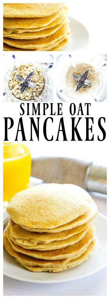 Oatmeal Pancakes in a stack on a plate, close up, oats in a blender before and after being blended