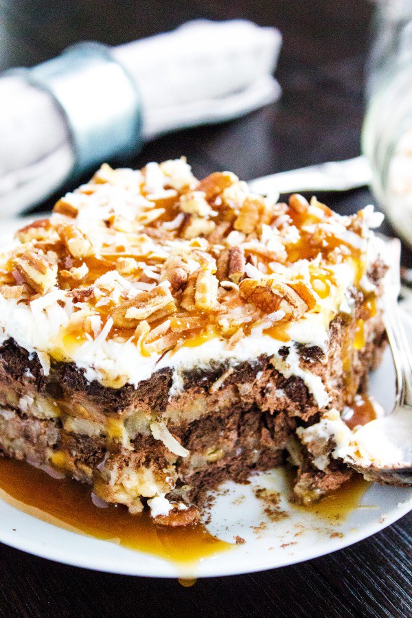 german chocolate icebox cake piece on plate