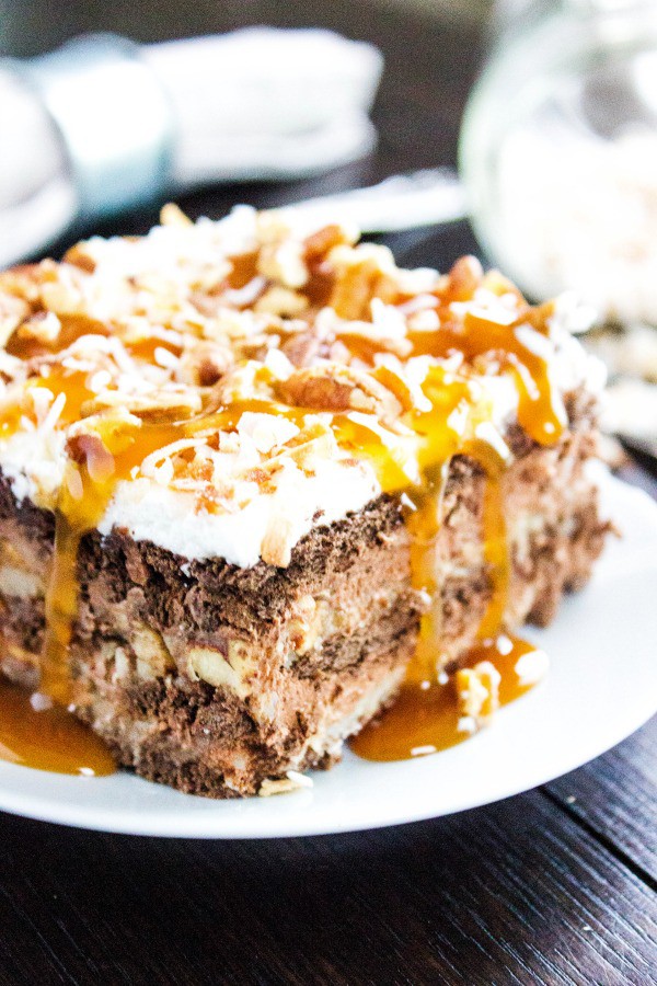 slice of chocolate ice box cake with caramel drizzle