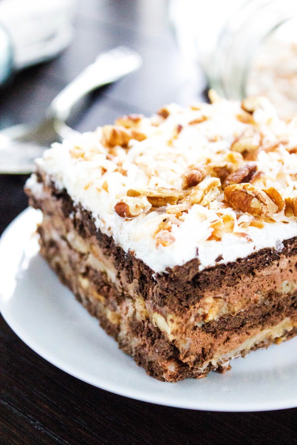german chocolate icebox cake piece on plate