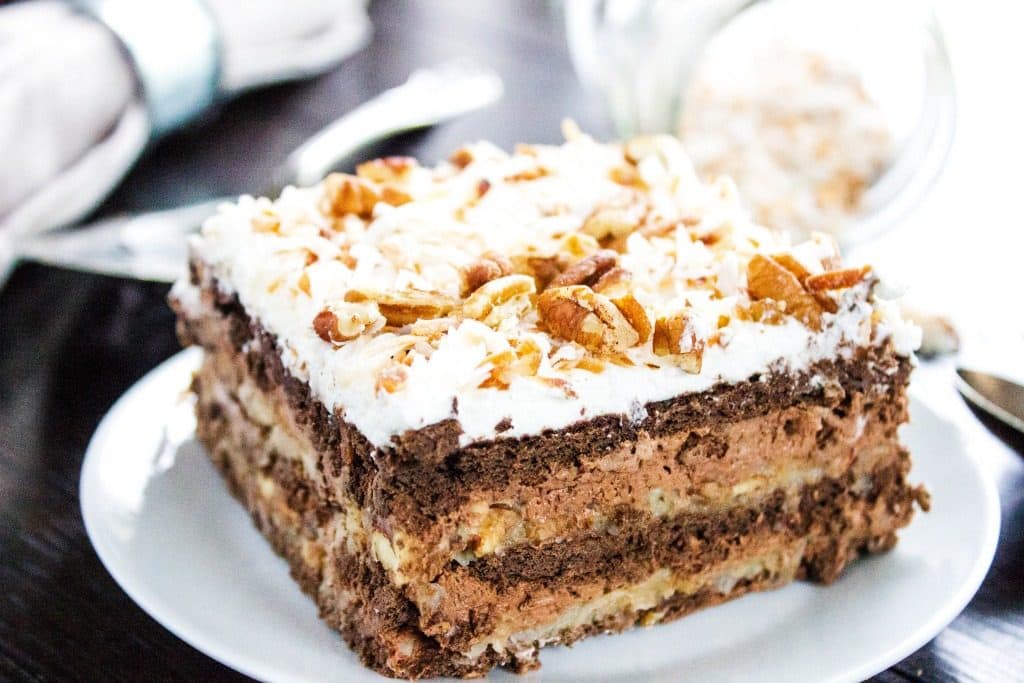 german chocolate icebox cake piece on plate
