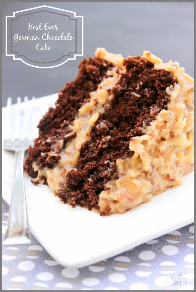 Best Ever German Chocolate Cake a moist chocolate cake and traditional coconut pecan frosting, layer upon layer of goodness. photo of a slice of Best Ever German Chocolate Cake on a square white plate with a metal fork