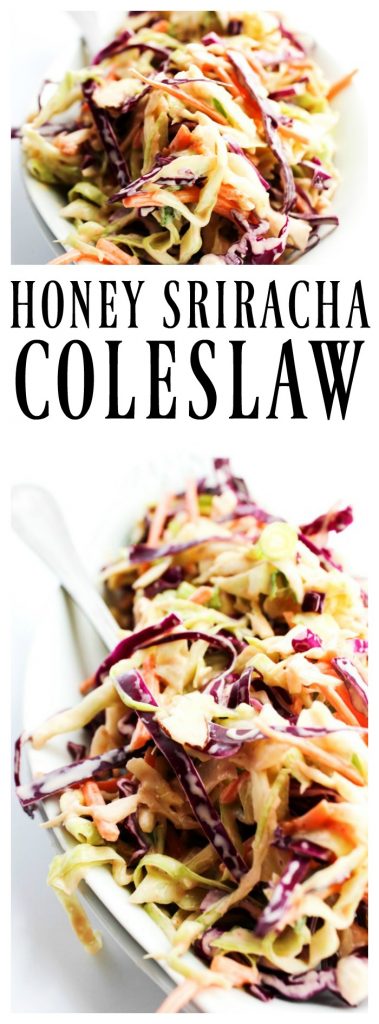 Honey Sriracha Coleslaw - a delicious twist on classic coleslaw. Dress up a sandwich or serve on the side. Either way, this will be a real crowd-pleaser. HONEY SRIRACHA COLESLAW