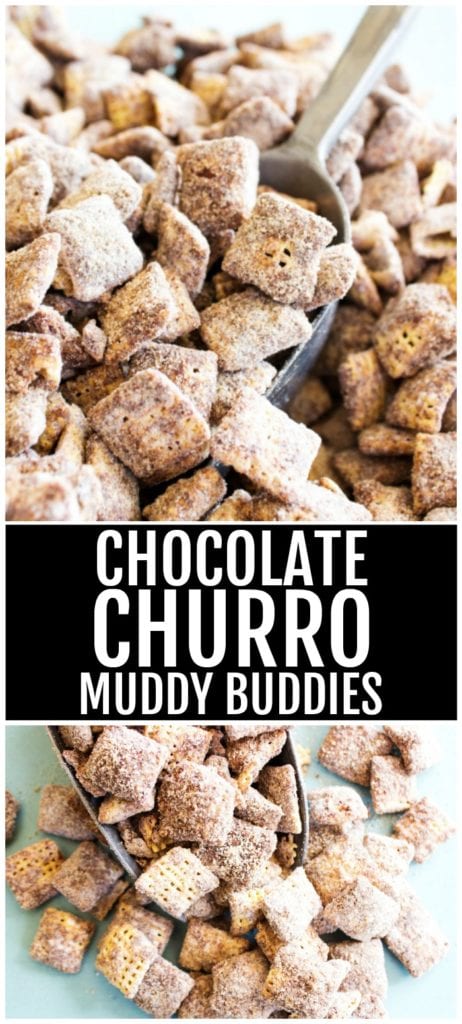 Top Photo: Pile of chocolate churro muddy buddies with metal scoop. Bottom photo: Small pile of chocolate churro muddy buddies in metal scoop