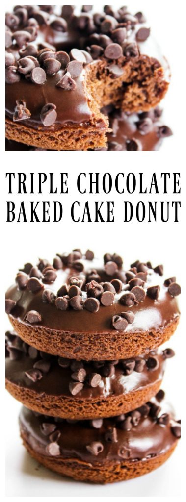 Triple Chocolate Baked Cake Donuts - a Devil's Food Cake Donut, glazed with a chocolate ganache and topped off with mini-chocolate chips. TRIPLE CHOCOLATE BAKED CAKE DONUTS RECIPE