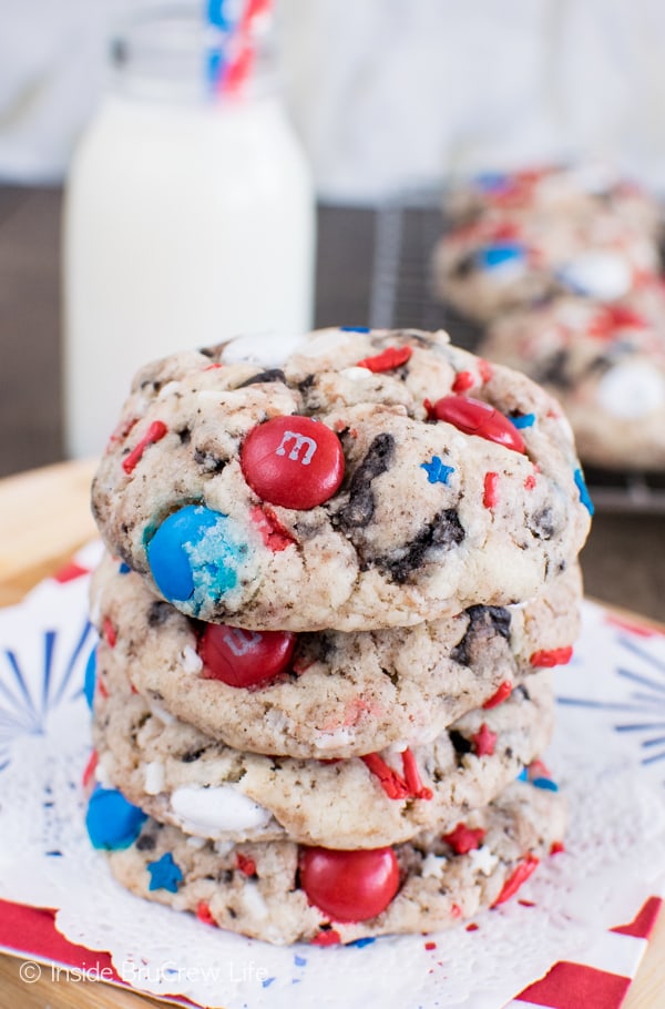 red white and blue photo of a stack of cookies
