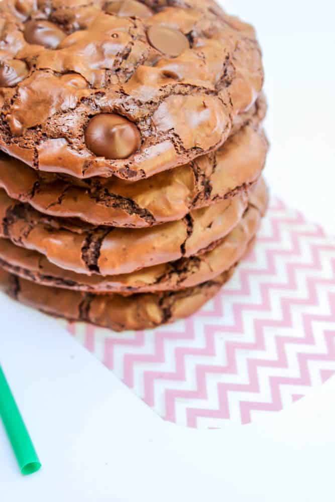 a stack of chewy flourless chocolate chip cookies