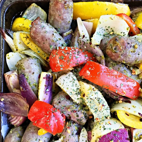 PESTO BRATWURST SHEET PAN DINNER