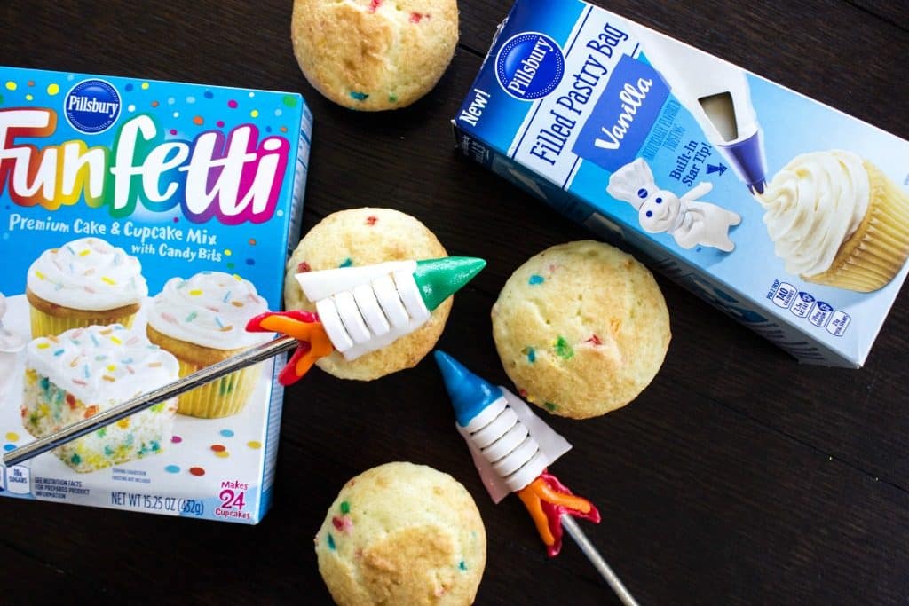 EASY ROCKET CUPCAKES Ingredients on wooden table 