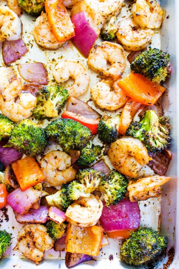 SHEET PAN CAJUN SHRIMP - Completed dish on sheet pan 