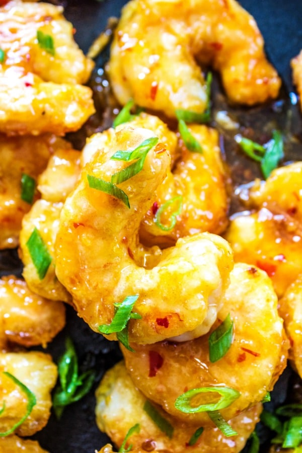 Close up photo of firecracker shrimp in skillet